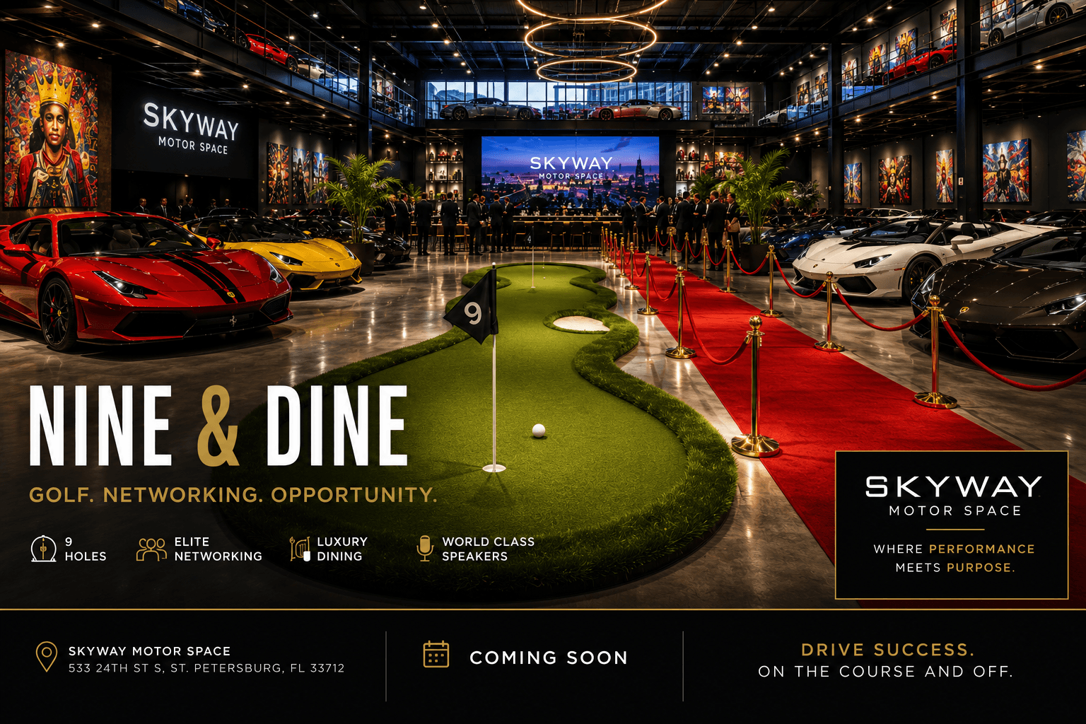 Nine & Dine golf, exotic cars and fine dining at Skyway Motor Space