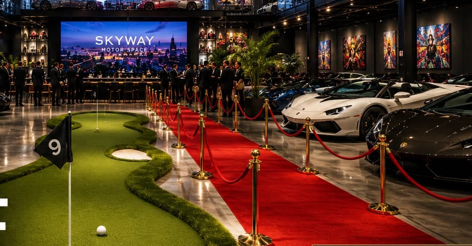 Putting green and red carpet lined with gold stanchions among exotic cars at Skyway Motor Space